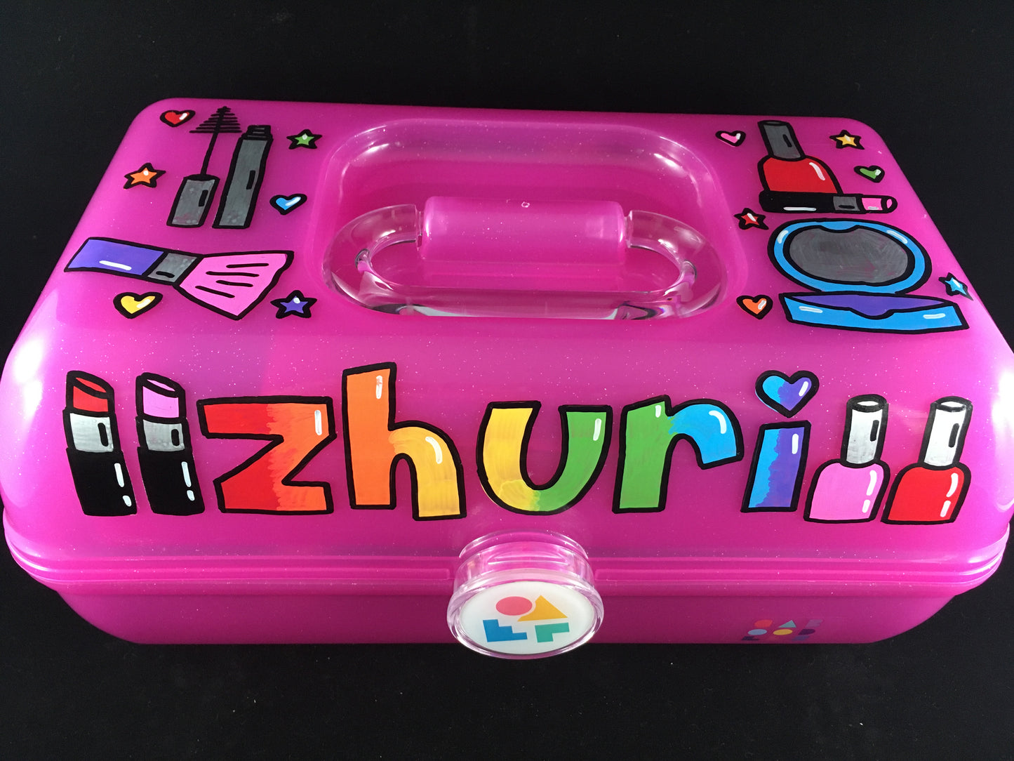 Makeup Theme Personalized Hand painted Caboodle pink sparkle - front view