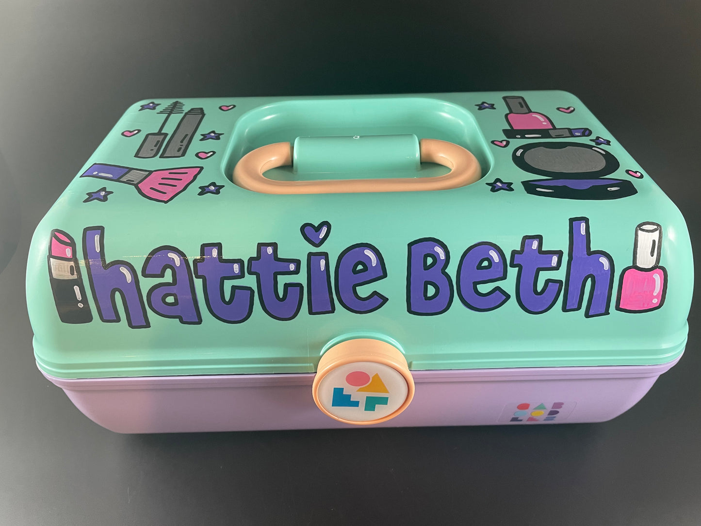 Makeup Theme Personalized Hand painted Caboodle seafoam lavender - front view