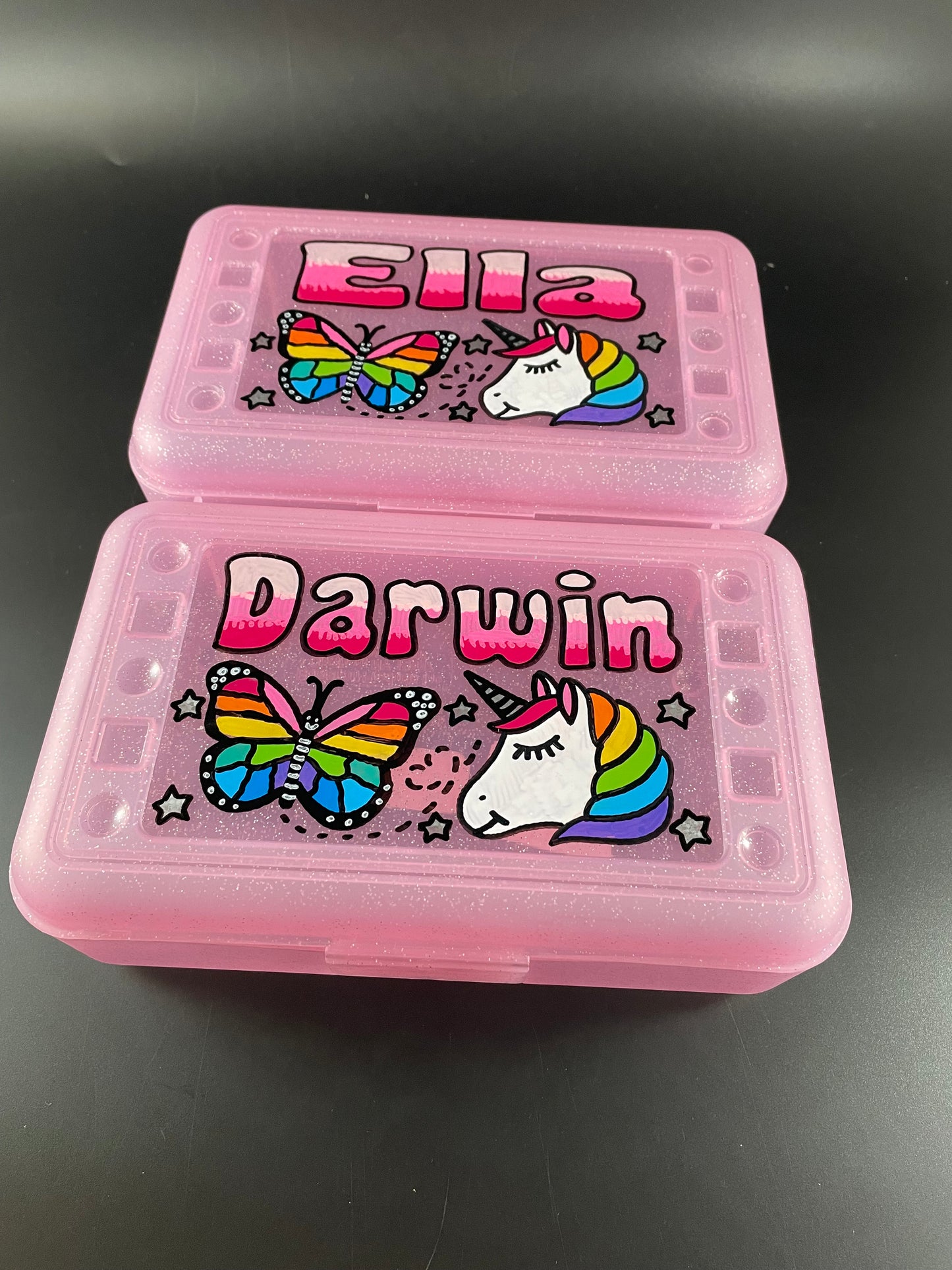 Personalized Hand Painted Custom Pencil Case - translucent pink sparkle