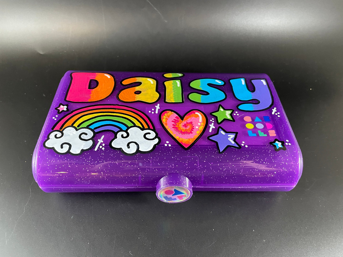 Custom, hand-painted, personalized Caboodles "Take it" touch up tote - small storage container, purple sparkle