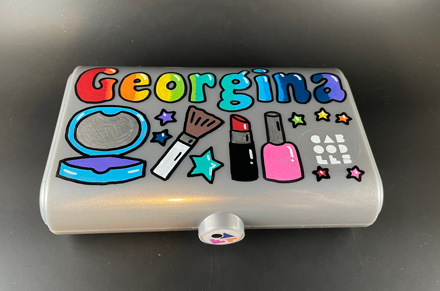 Custom, hand-painted, personalized Caboodles "Take it" touch up tote - small storage container, silver, makeup storage and design