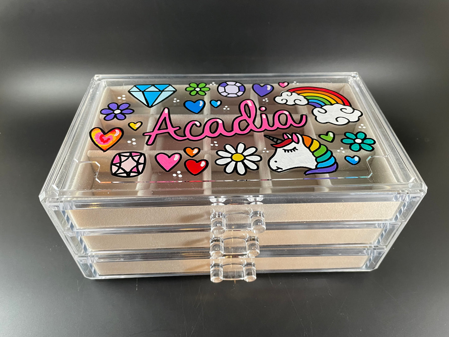 beige personalized acrylic jewelry box - rainbow and unicorn design