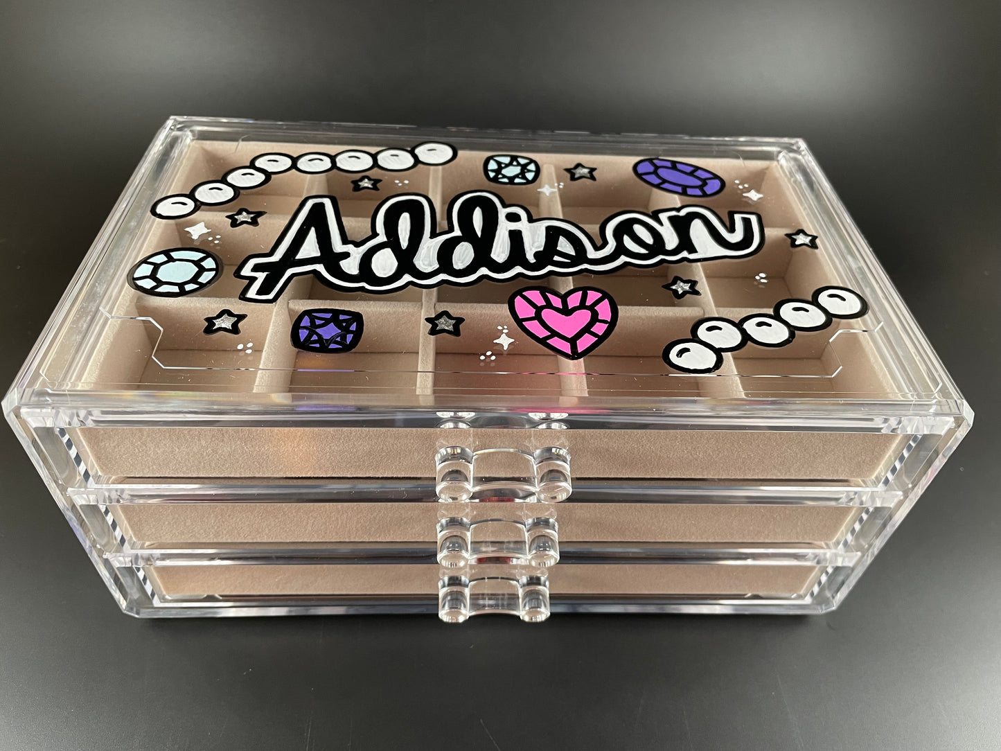 beige personalized acrylic jewelry box - top view