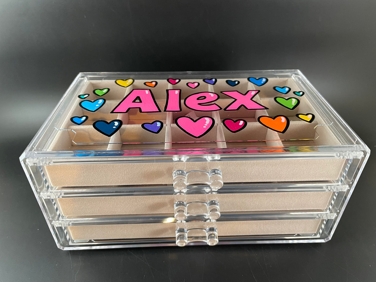 beige personalized acrylic jewelry box - top view, hearts