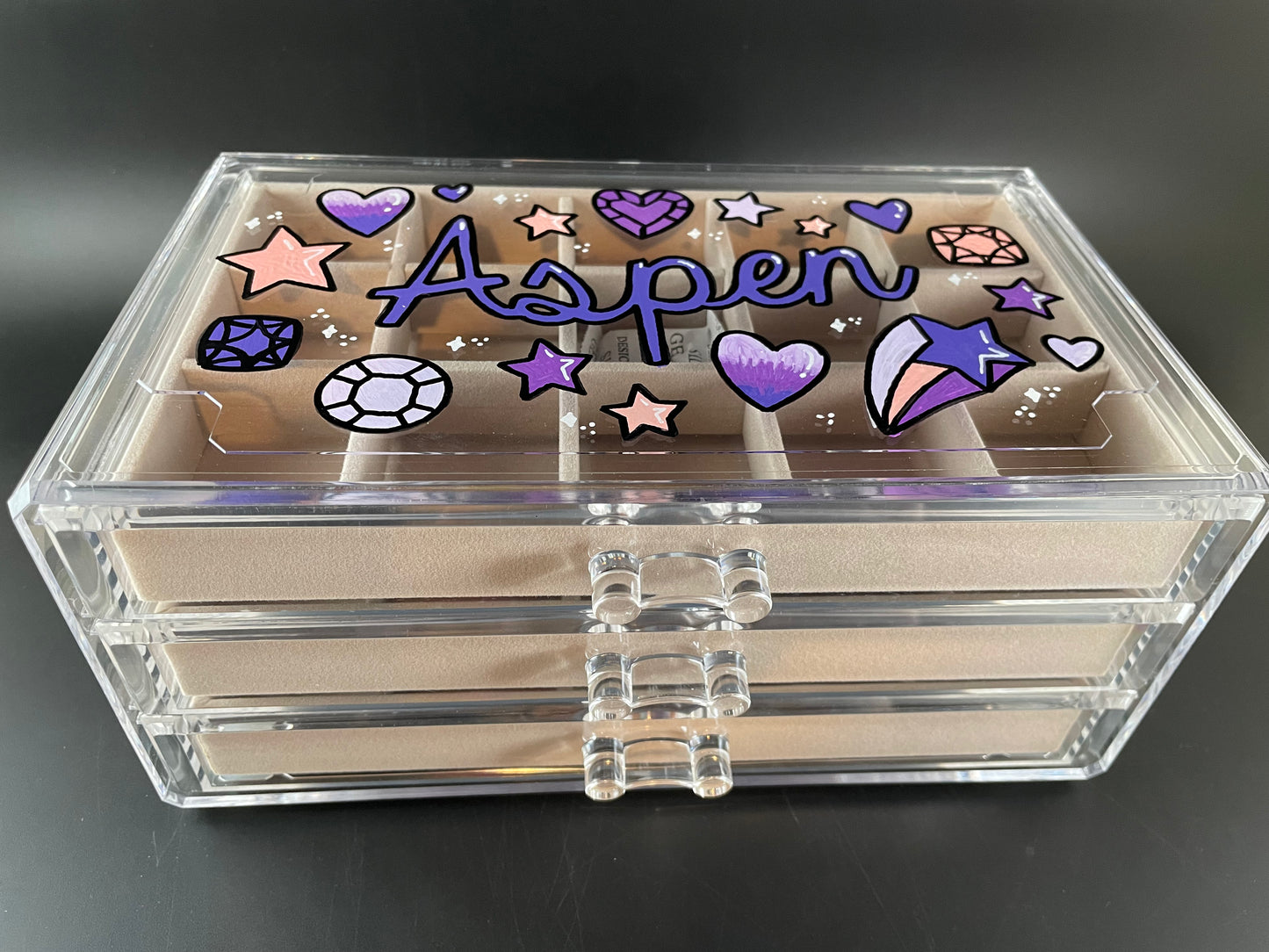 beige personalized acrylic jewelry box - top view, purple design