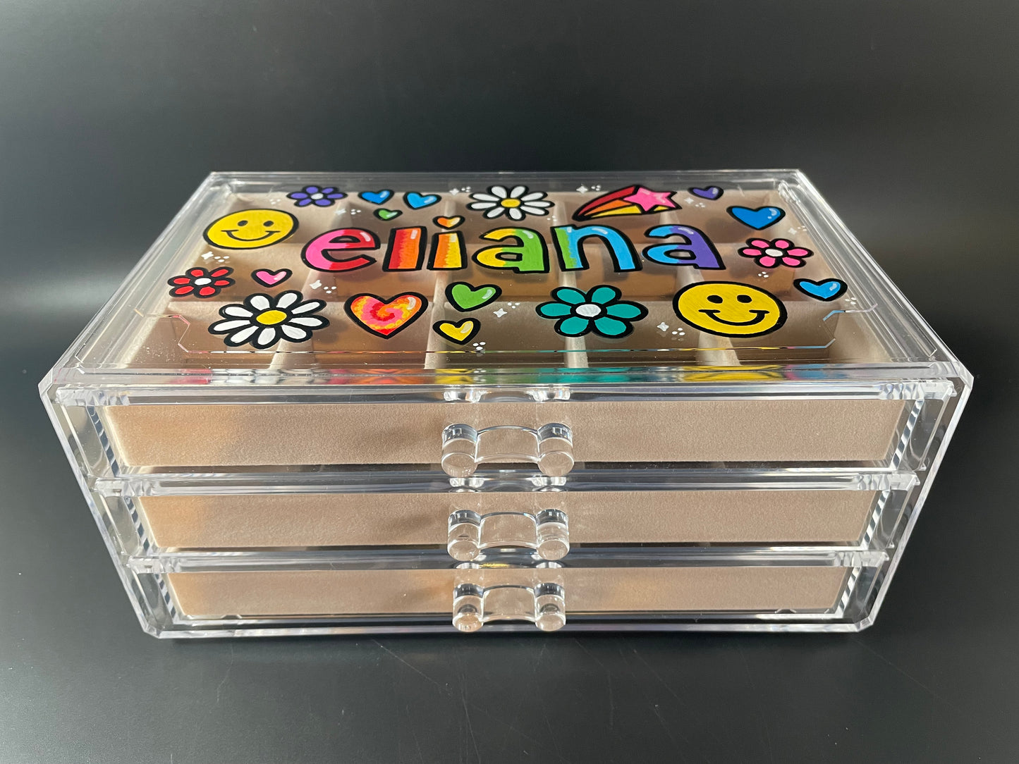 beige personalized acrylic jewelry box - view of three drawers