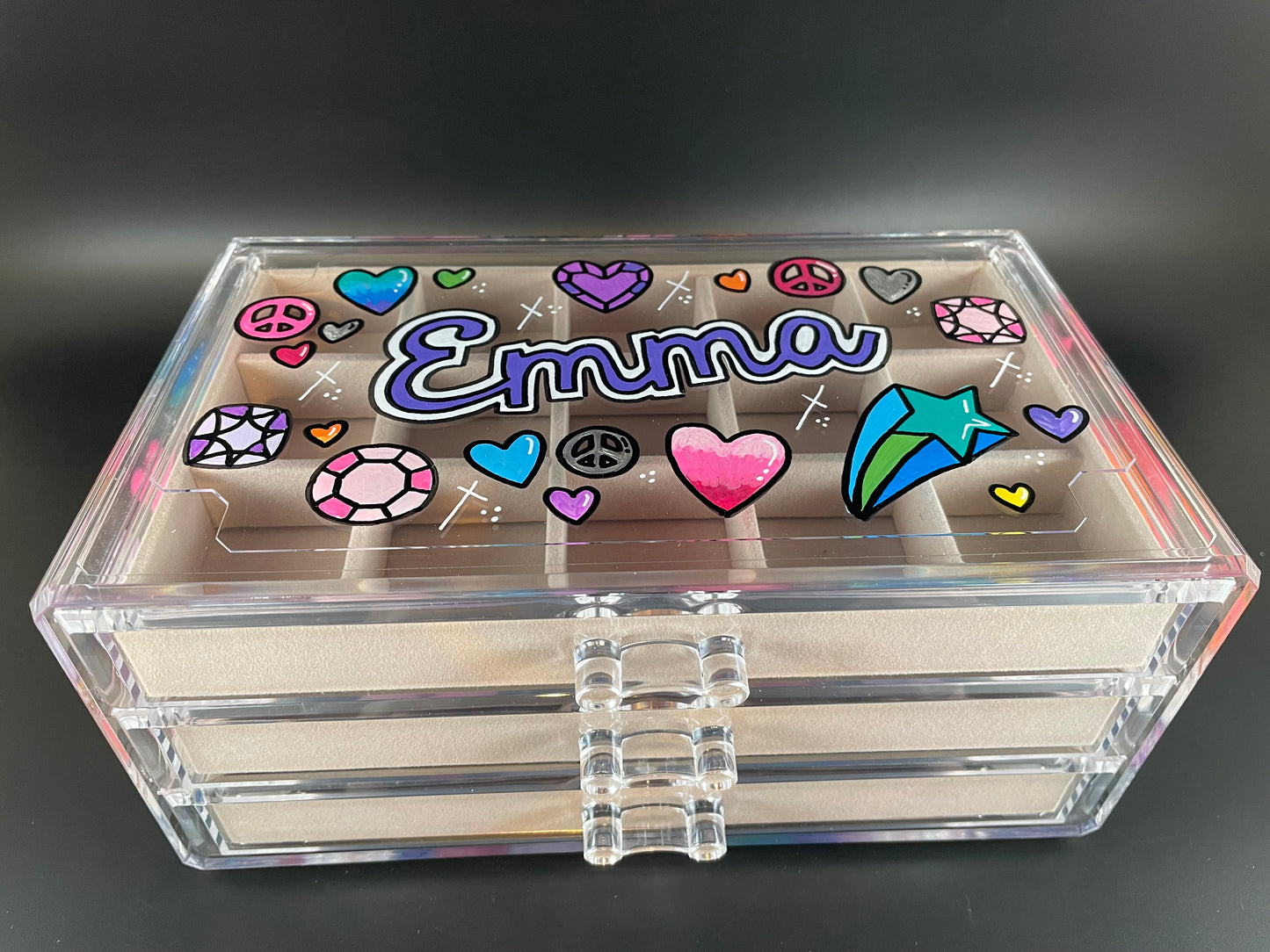 beige personalized acrylic jewelry box - top view