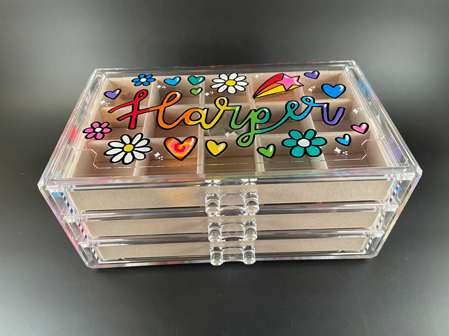 beige personalized acrylic jewelry box - top view, rainbow painted design