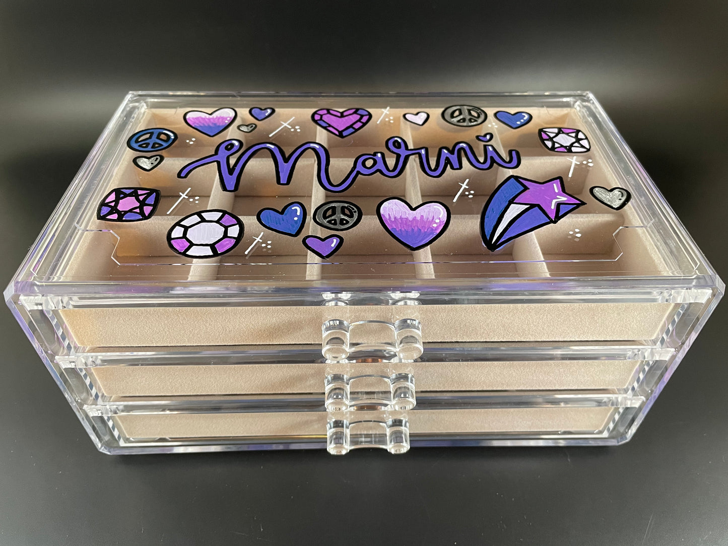 beige personalized acrylic jewelry box - top view, purple design