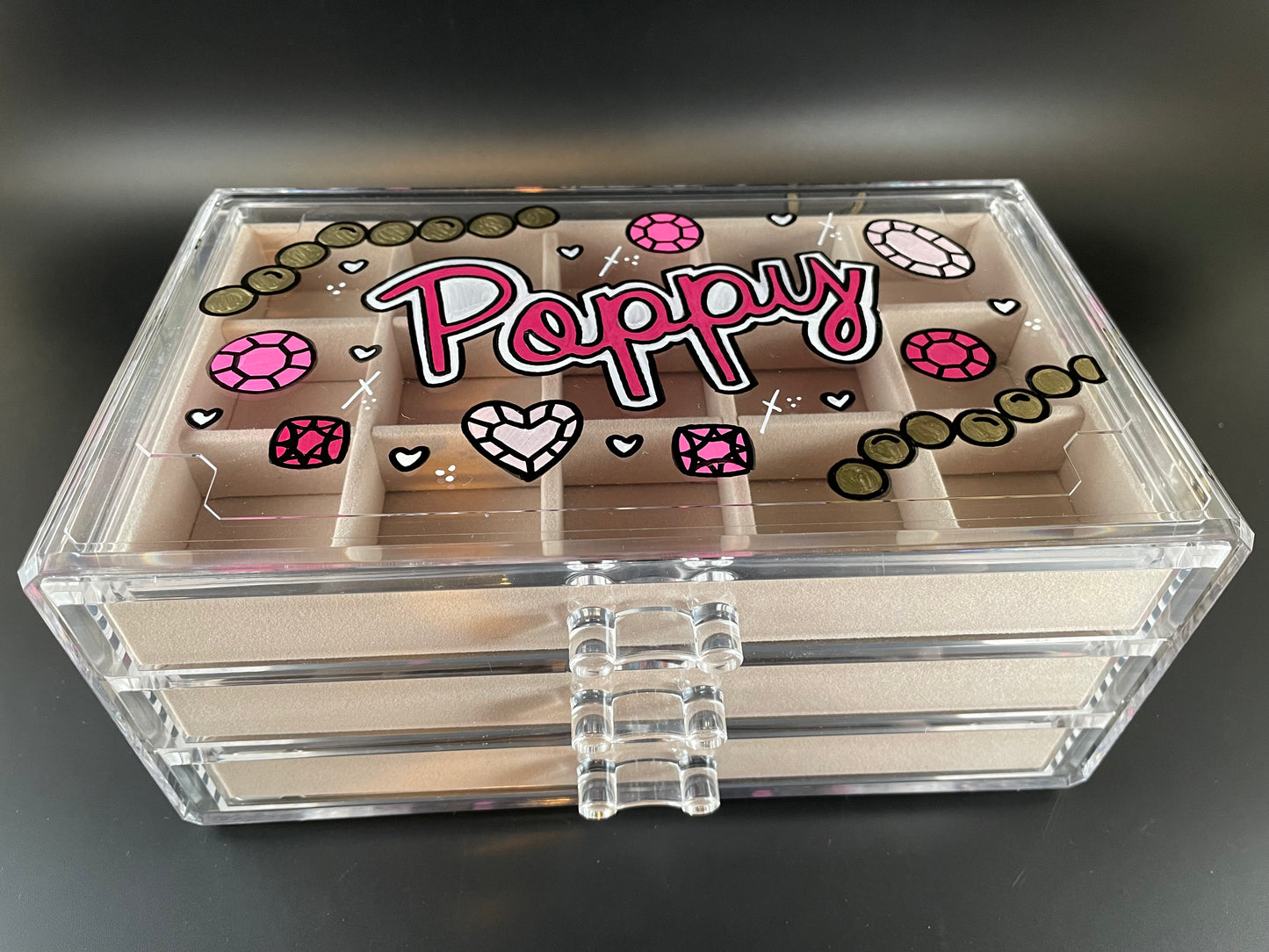 beige personalized acrylic jewelry box - top view