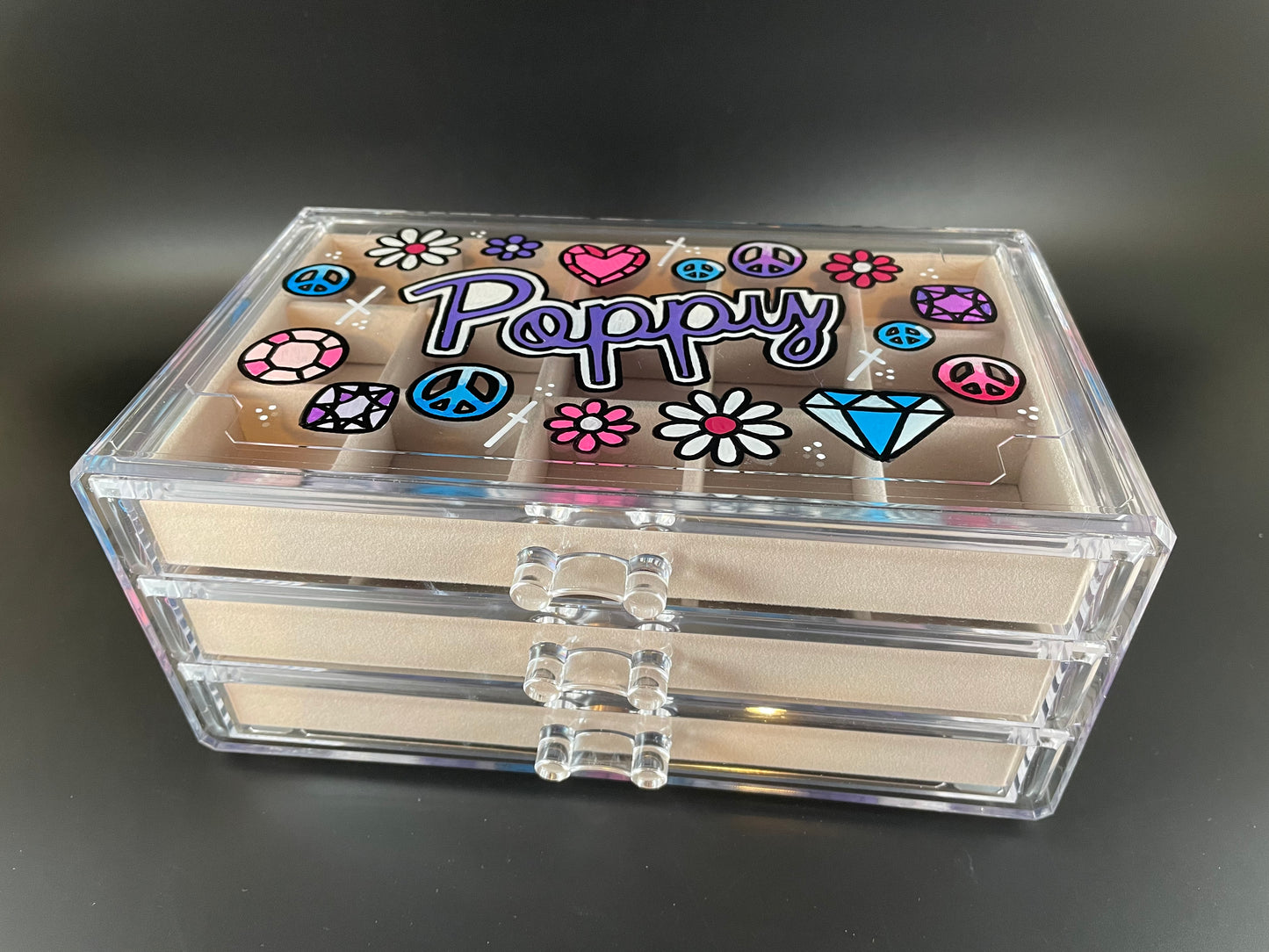 beige personalized acrylic jewelry box - tilted top view