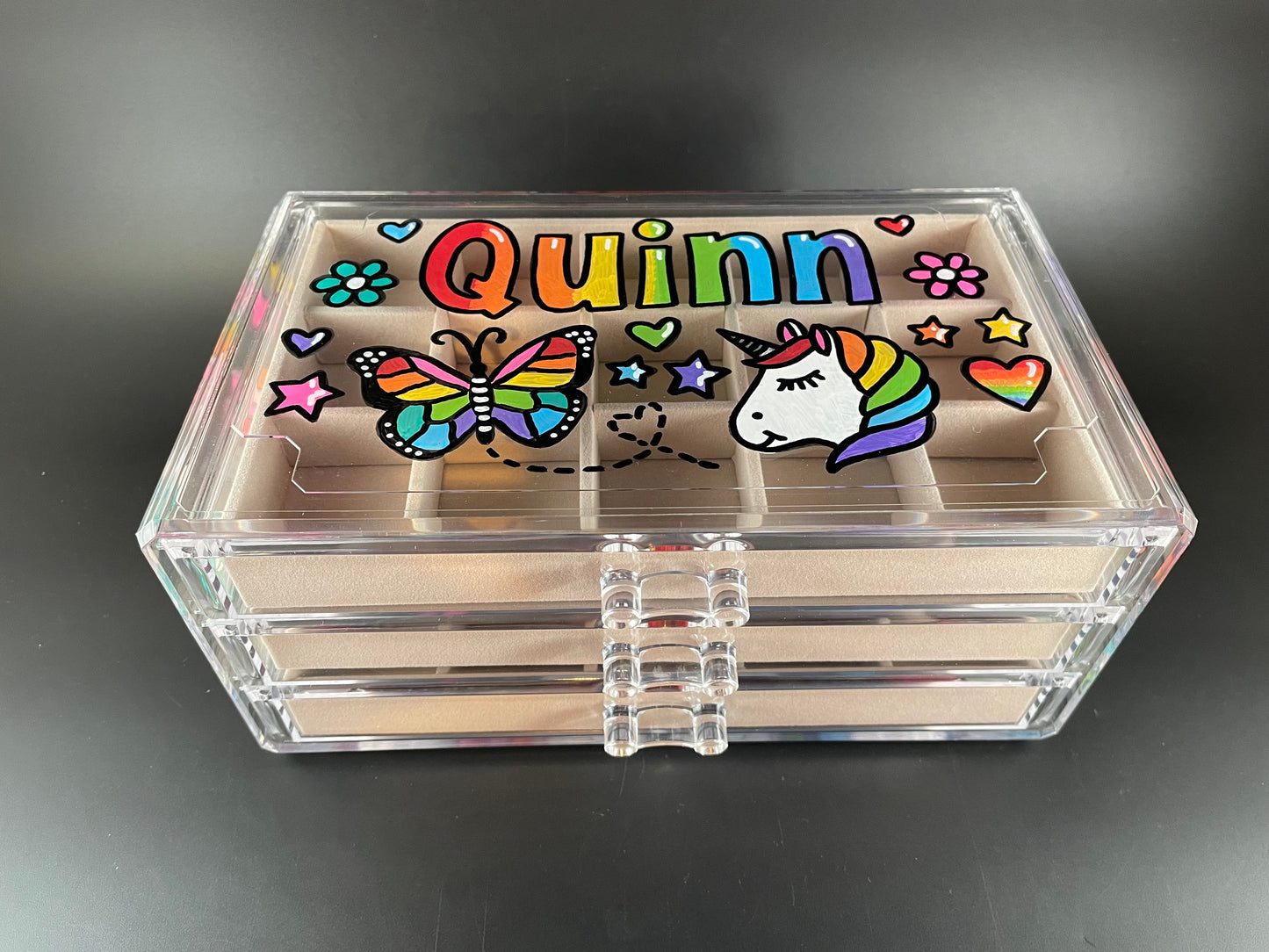 beige personalized acrylic jewelry box - top view, rainbow design