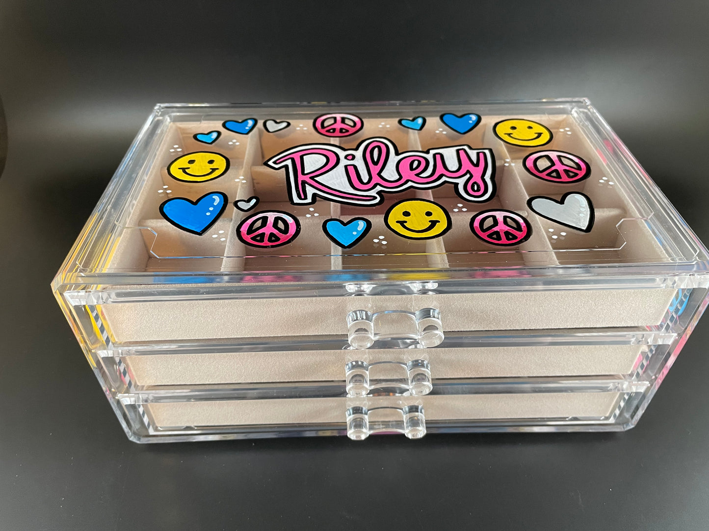 beige personalized acrylic jewelry box - top view