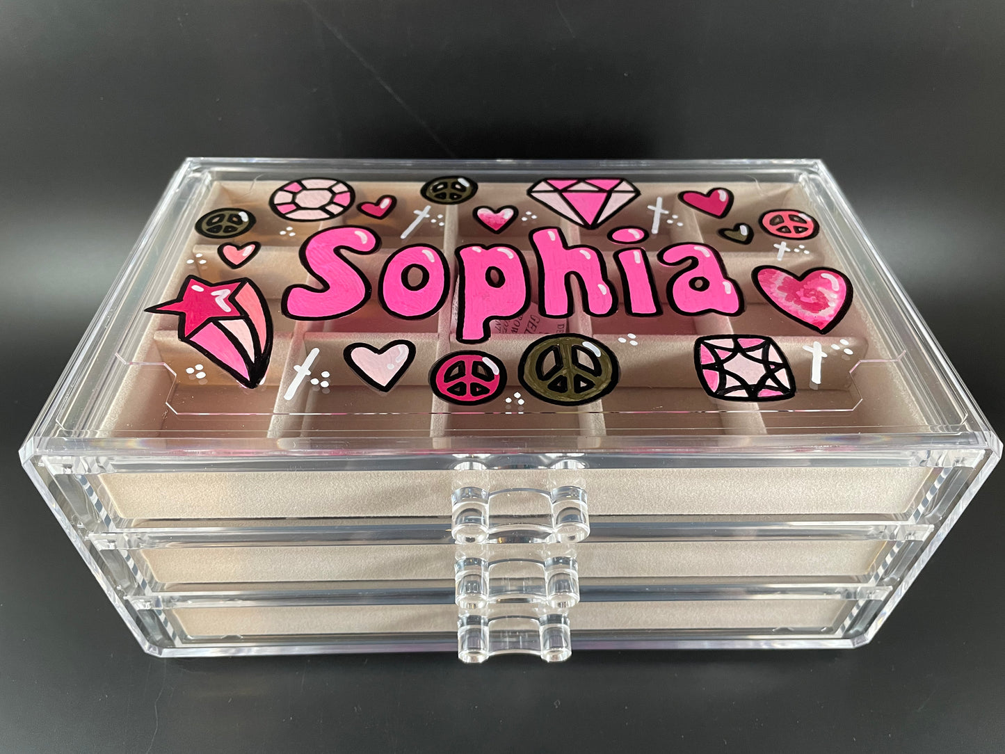 beige personalized acrylic jewelry box - top view