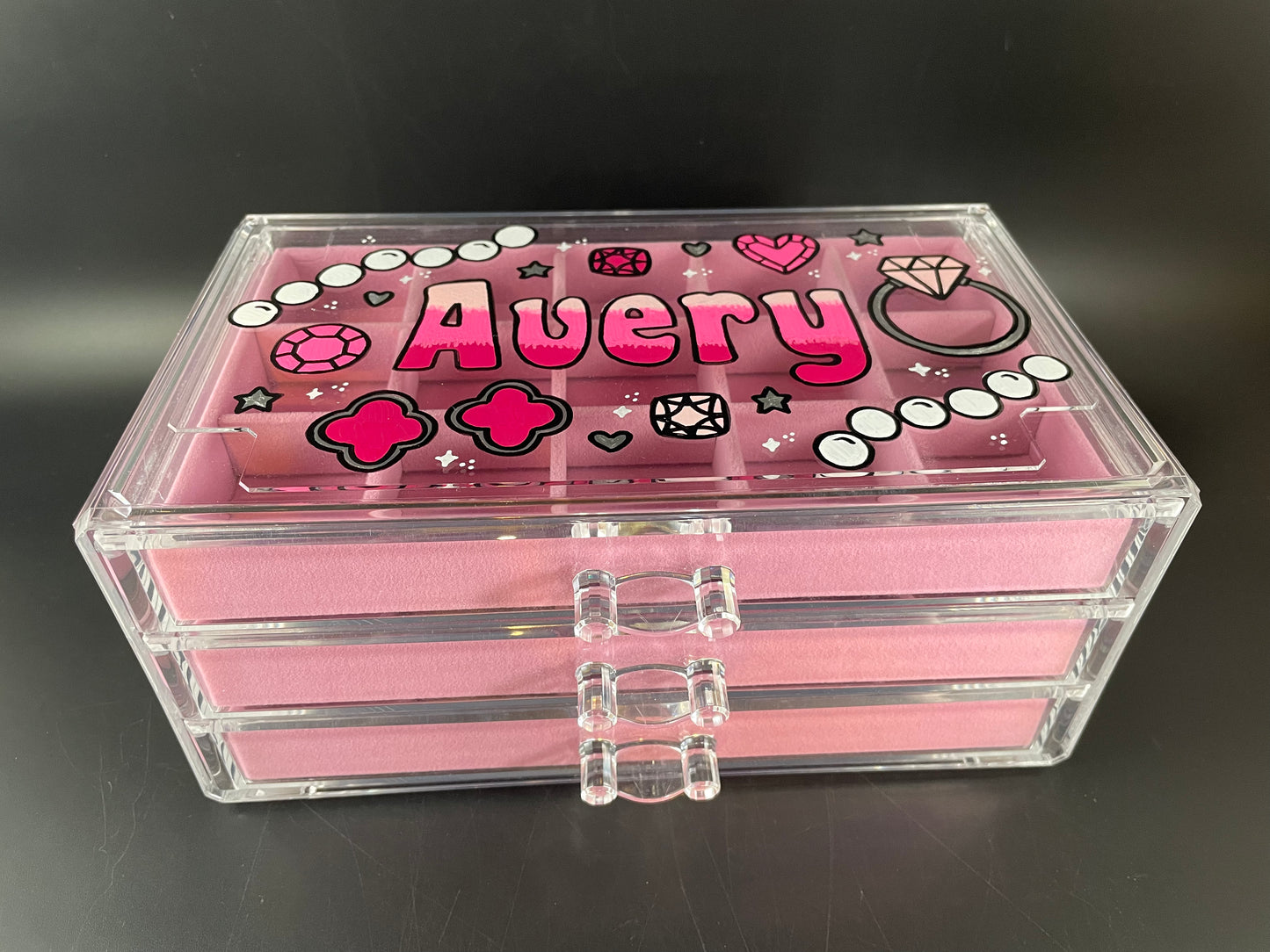 pink personalized acrylic jewelry box - top view
