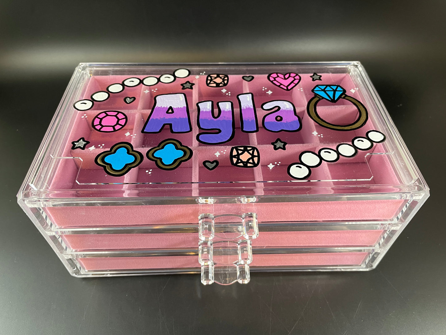 pink personalized acrylic jewelry box - top view