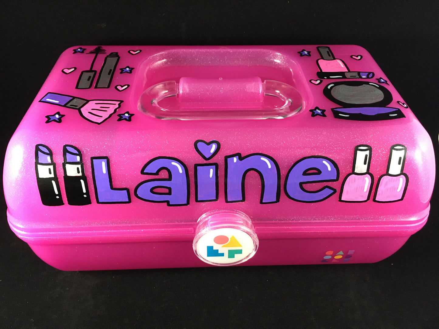 Makeup Theme Personalized Hand painted Caboodle pink sparkle - front view
