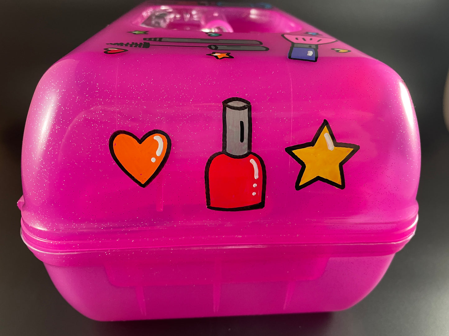 Makeup Theme Personalized Hand painted Caboodle pink sparkle - side view
