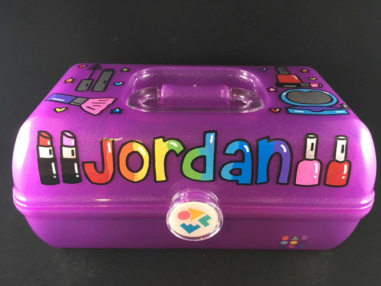 Makeup Theme Personalized Hand painted Caboodle purple sparkle - front view