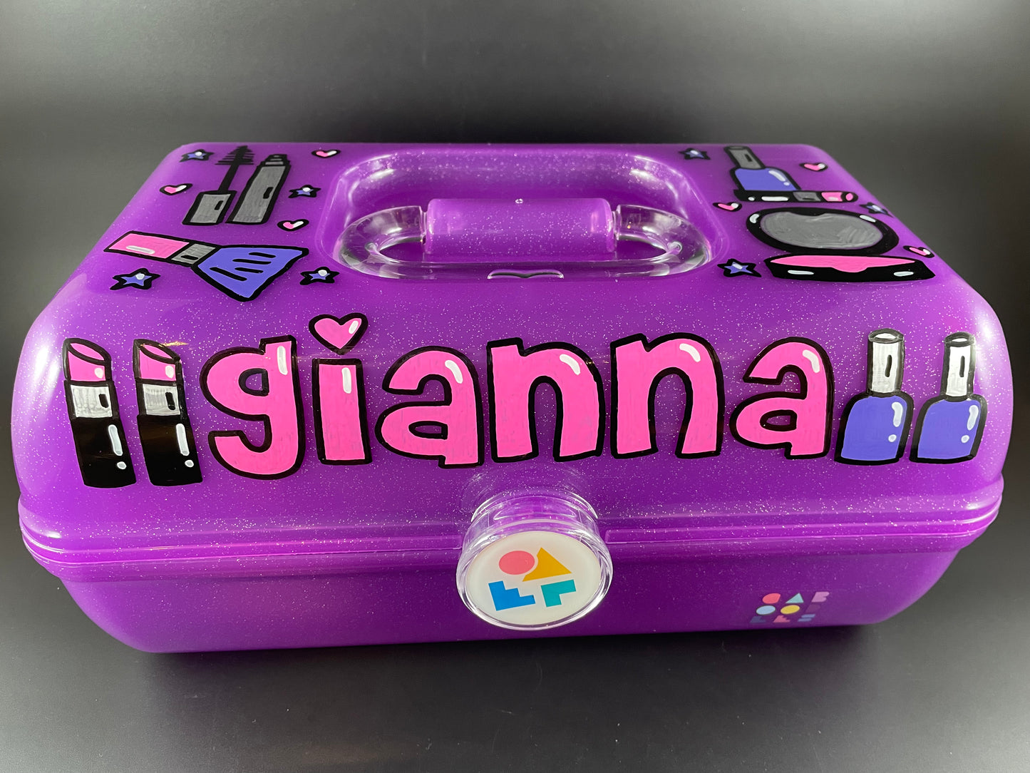 Makeup Theme Personalized Hand painted Caboodle purple sparkle - front view