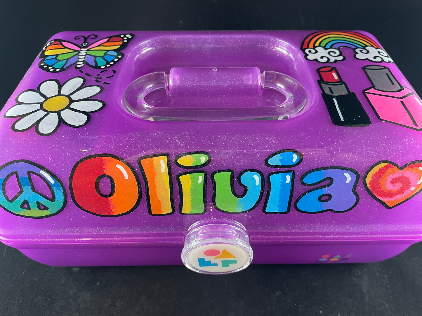 Olivia hand painted personalized caboodle purple sparkle - front top view