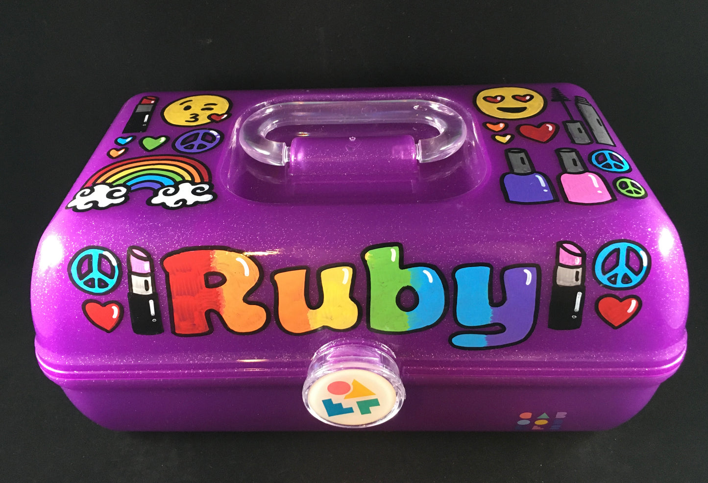 "Ruby" Hand-painted personalized caboodle purple sparkle - front view, makeup