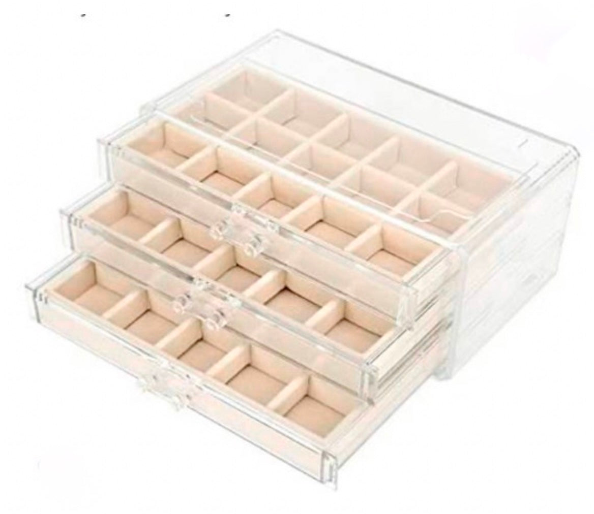 beige pre customized acrylic jewelry box with drawers opened