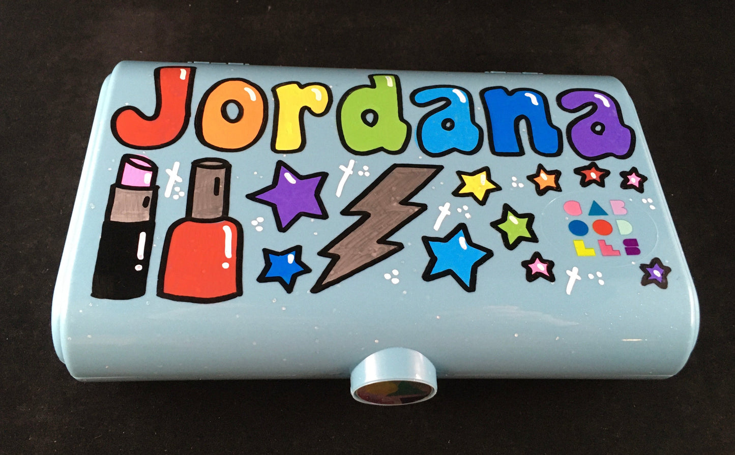 Custom, hand-painted, personalized Caboodles "Take it" touch up tote - small storage container, sparkle blue