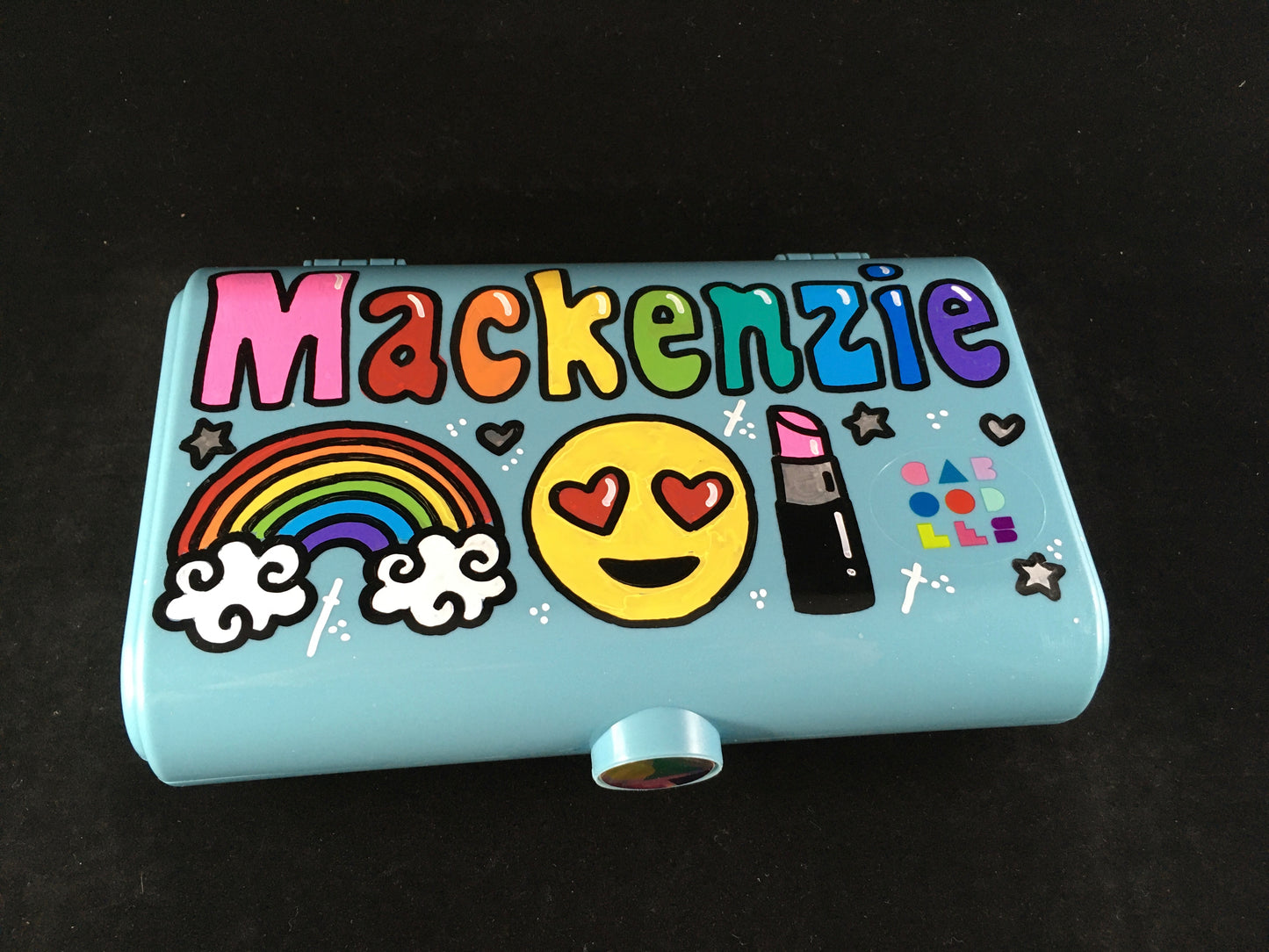 Custom, hand-painted, personalized Caboodles "Take it" touch up tote - small storage container, sparkle blue