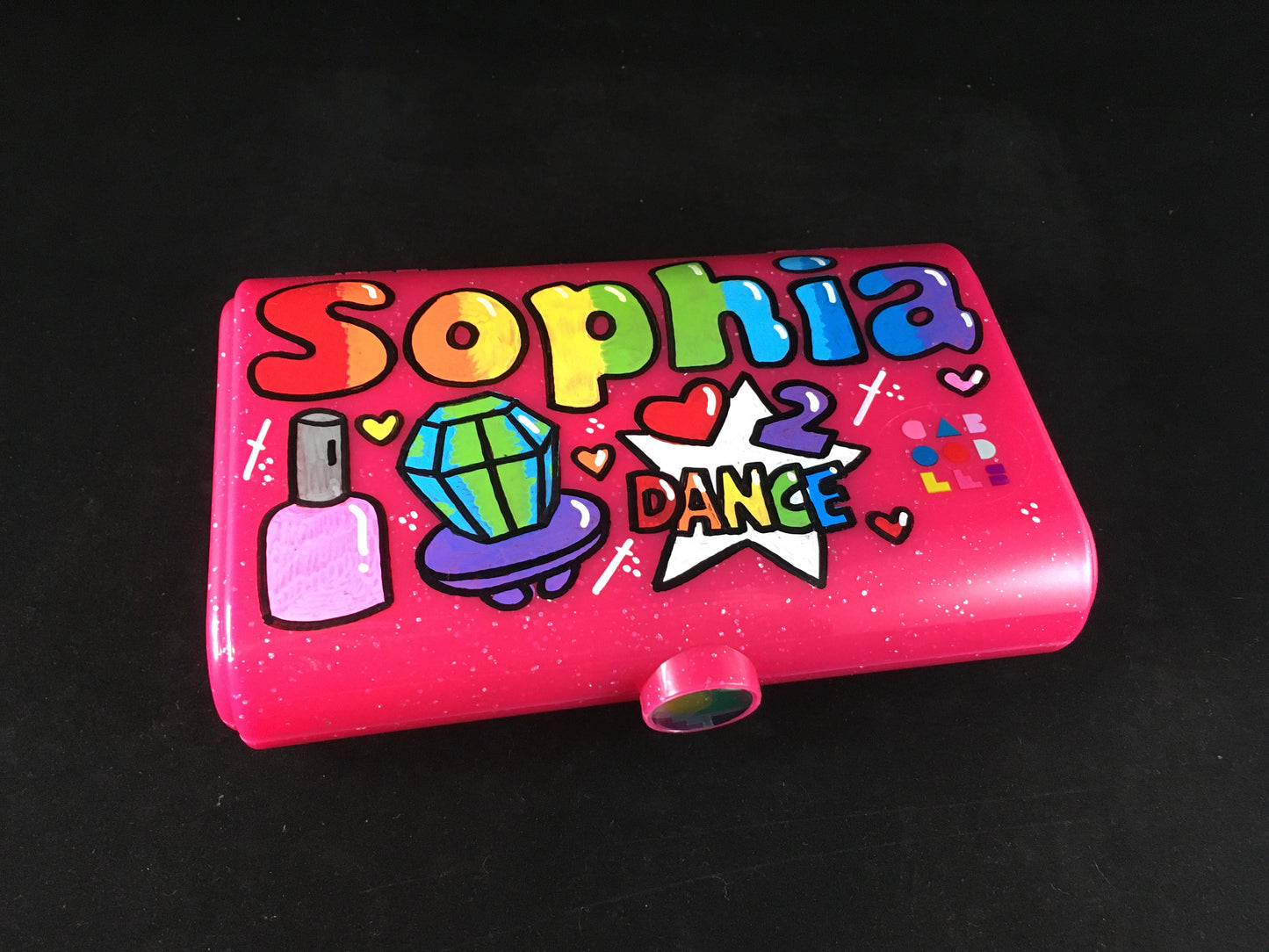 Custom, hand-painted, personalized Caboodles "Take it" touch up tote - small storage container, sparkle pink
