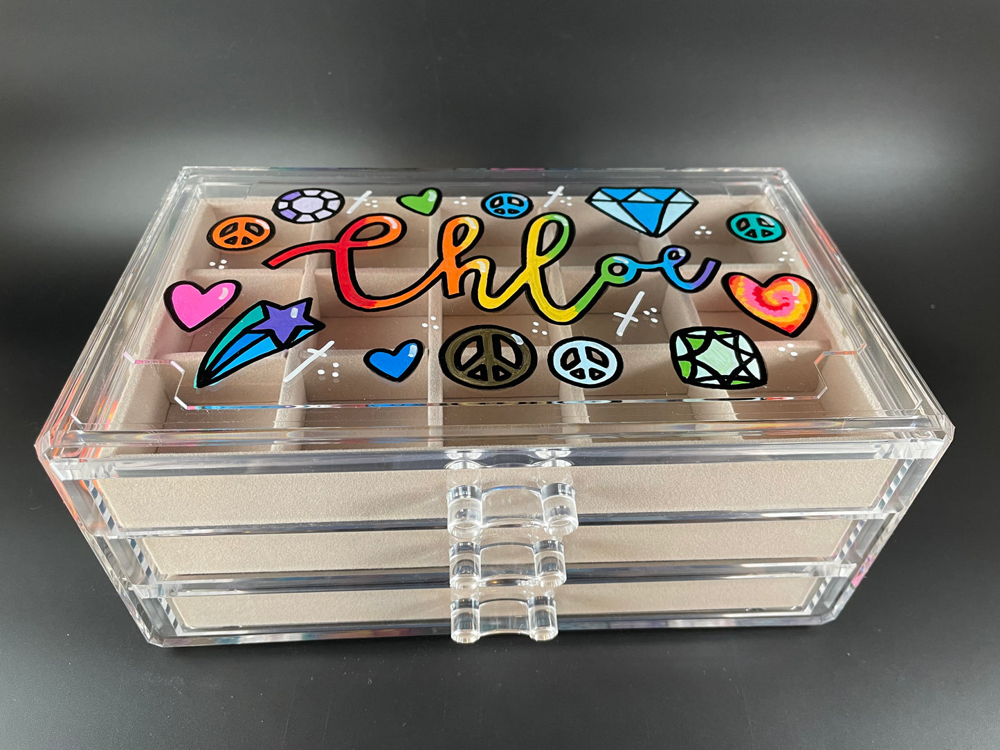 beige personalized acrylic jewelry box - top view