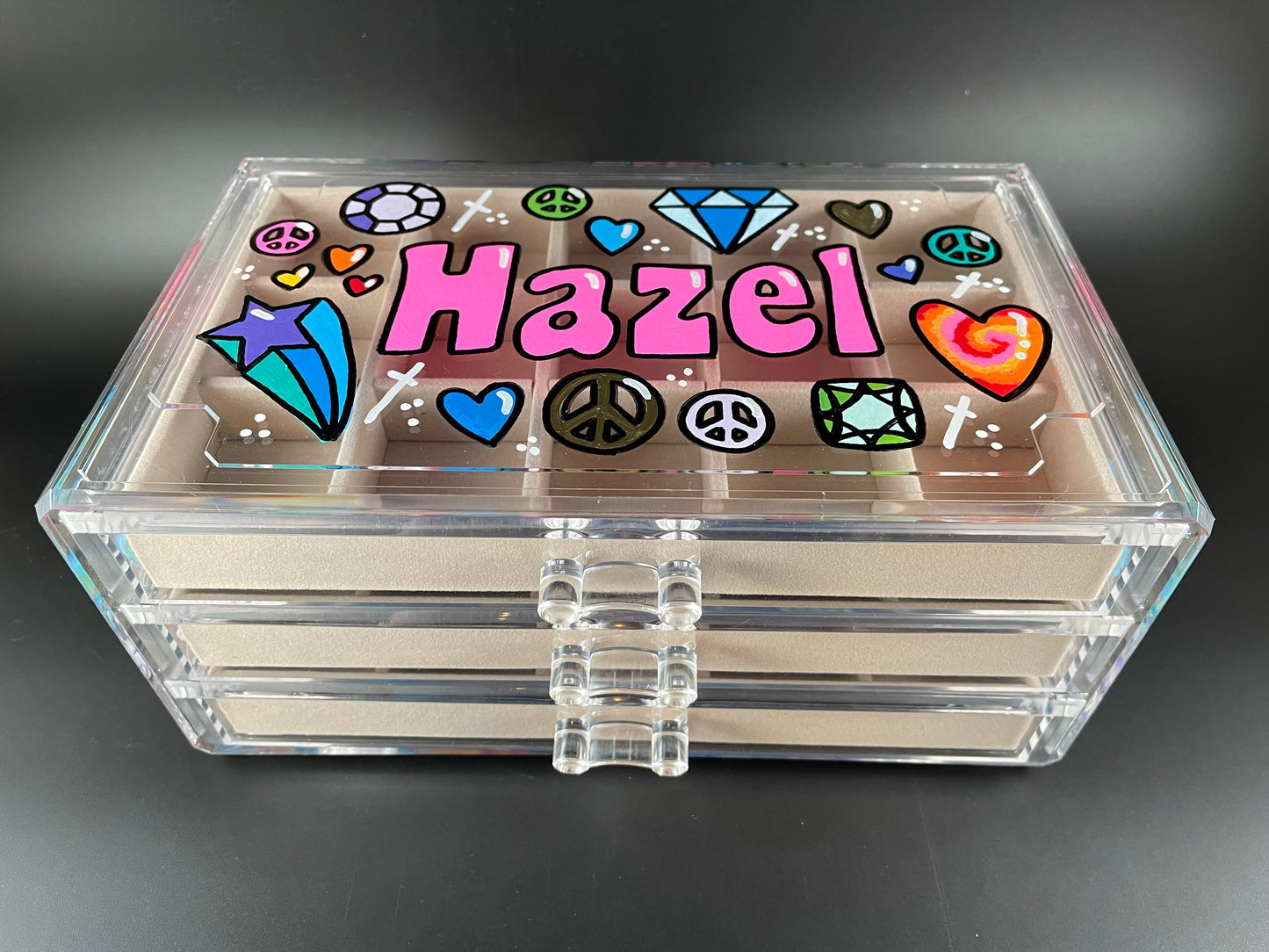 beige personalized acrylic jewelry box - top view