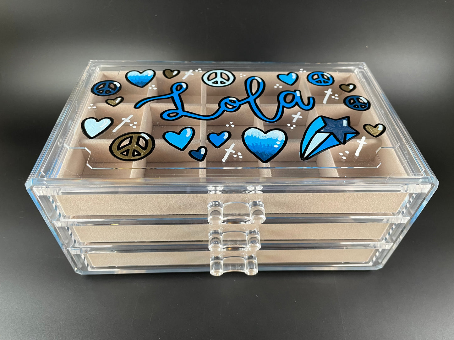 beige personalized acrylic jewelry box - top view, blue theme