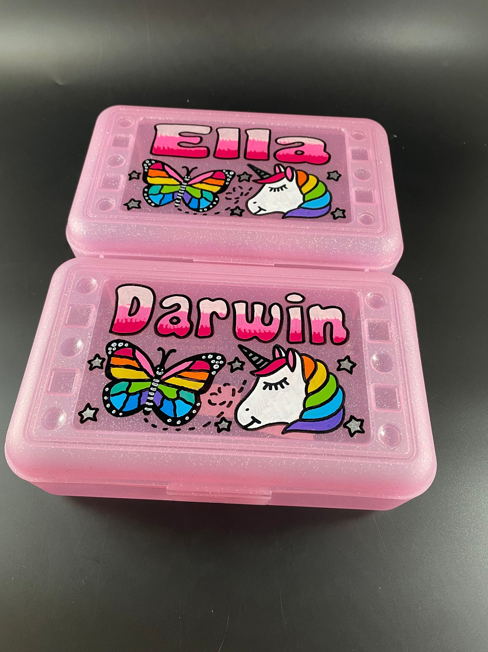 Personalized Hand Painted Custom Pencil Case - translucent pink sparkle