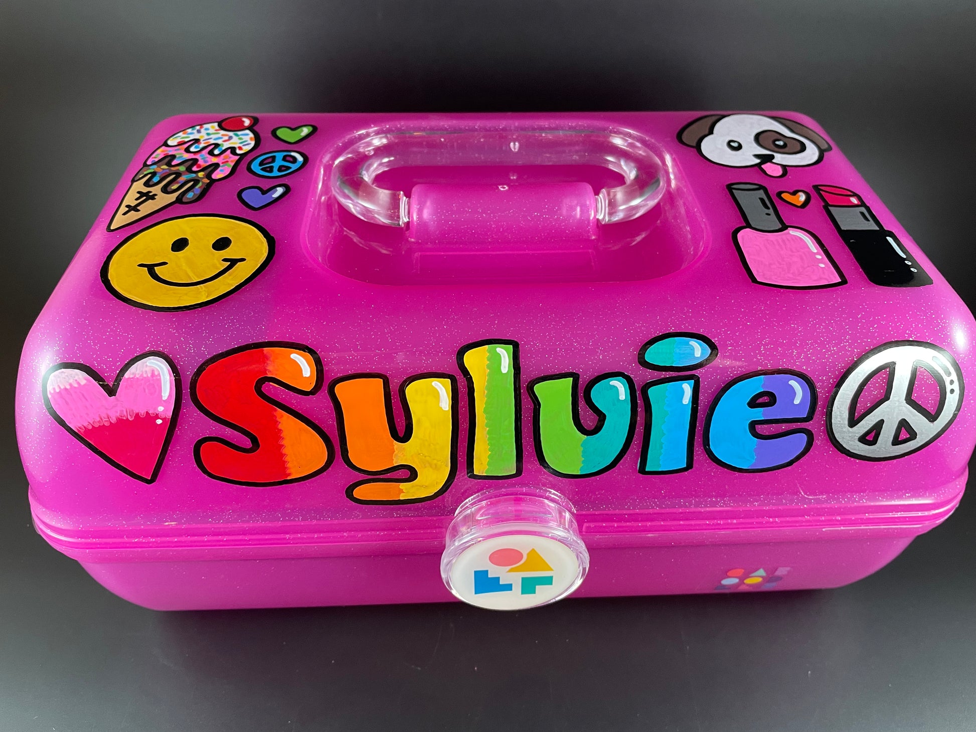 “Sylvie” hand-painted personalized caboodle pink sparkle - front view
