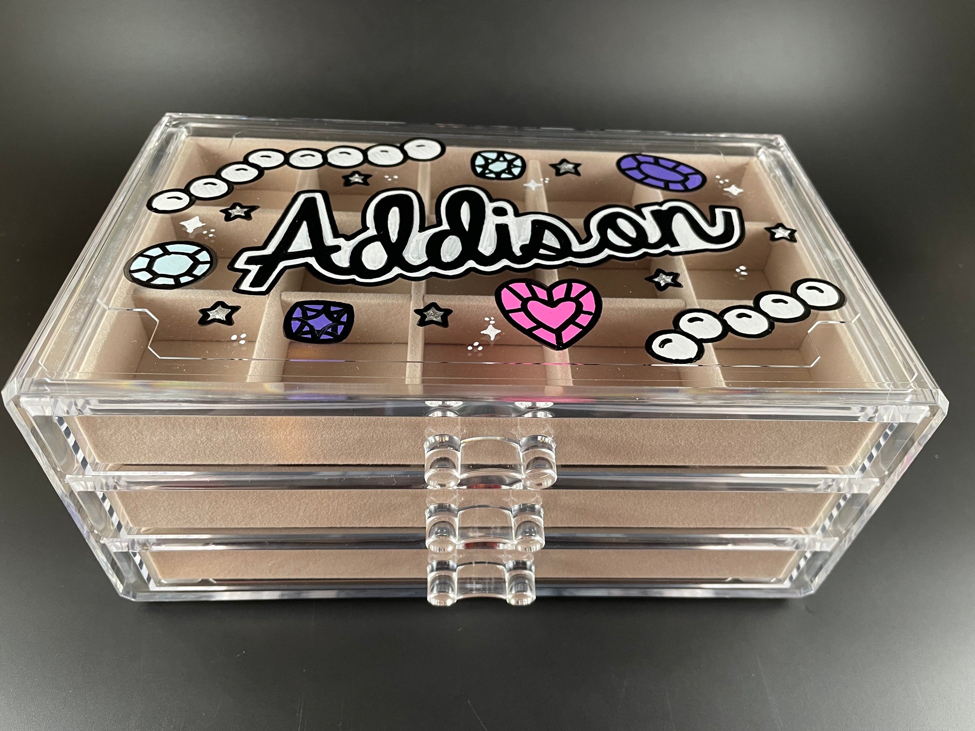 beige personalized acrylic jewelry box - top view