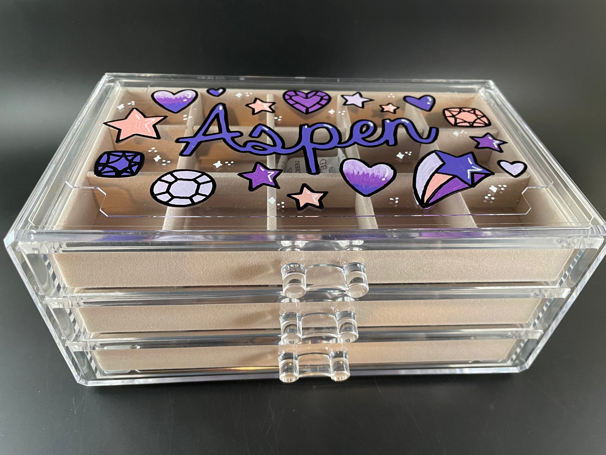 beige personalized acrylic jewelry box - top view, purple design