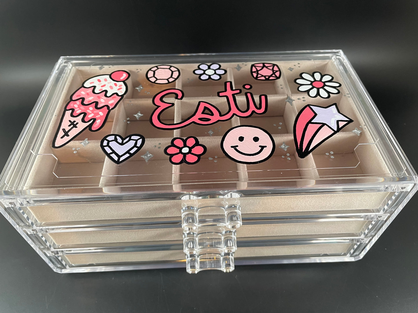 beige personalized acrylic jewelry box - top view, pink design