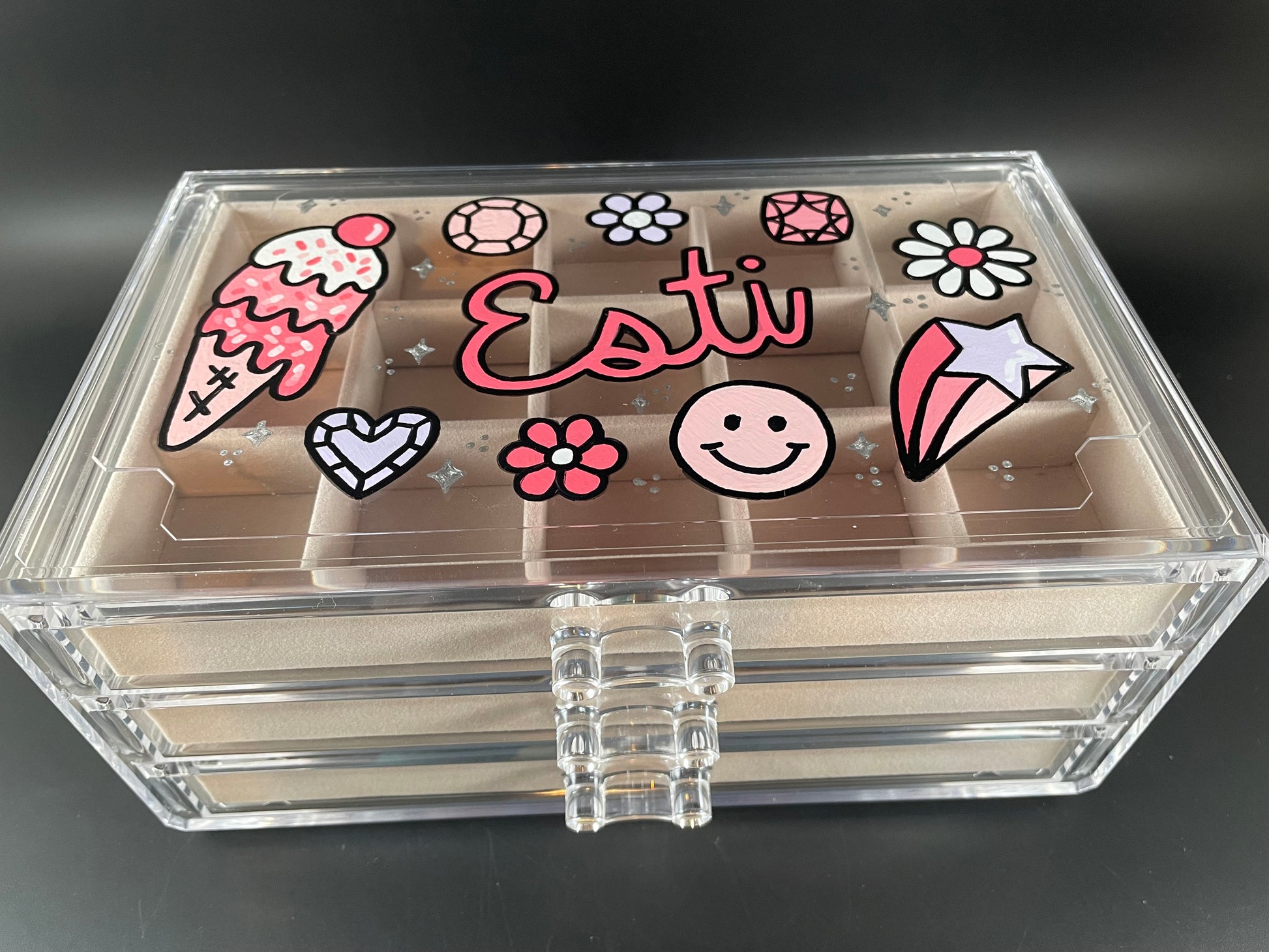 beige personalized acrylic jewelry box - top view, pink design