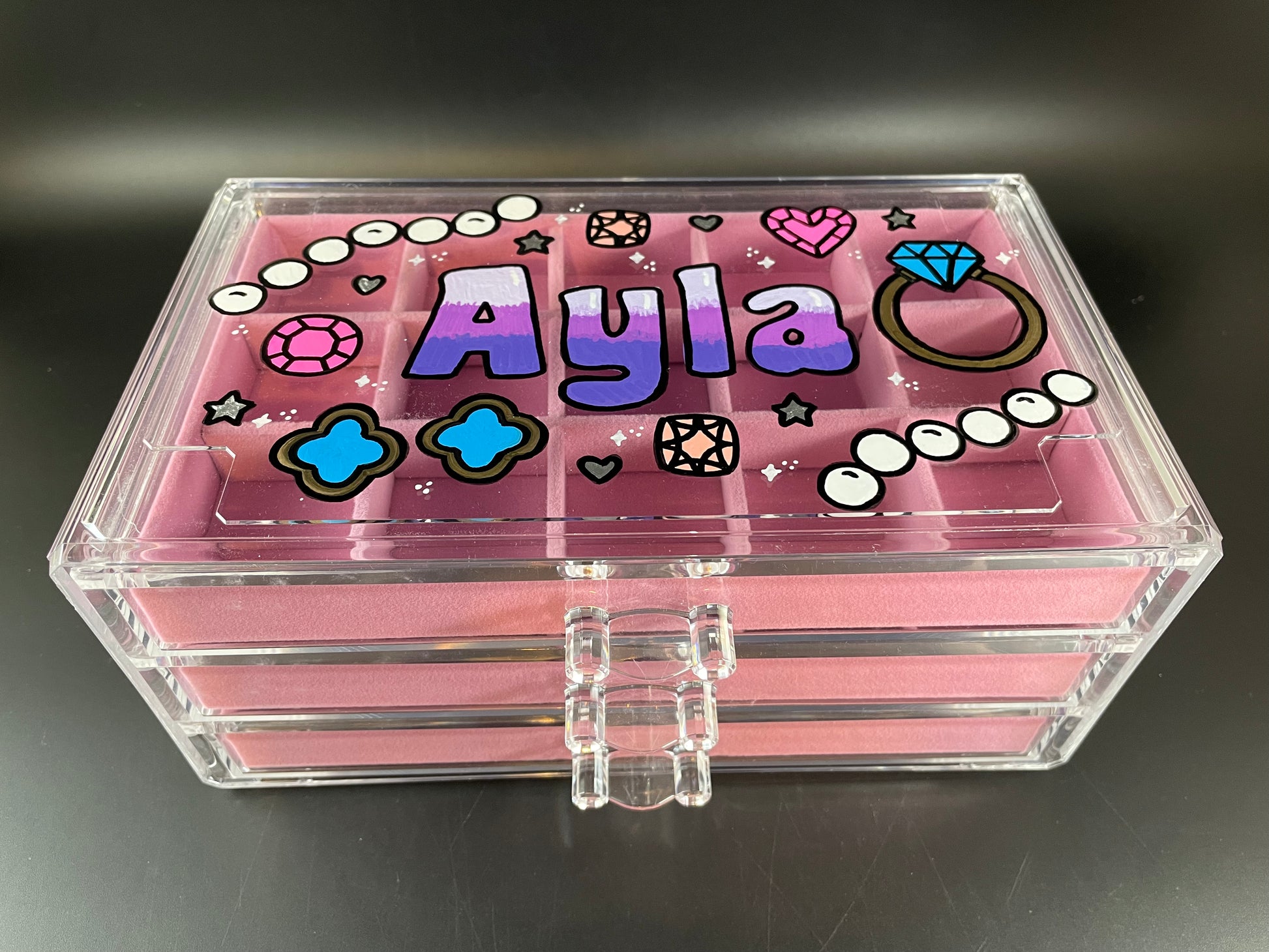 pink personalized acrylic jewelry box - top view