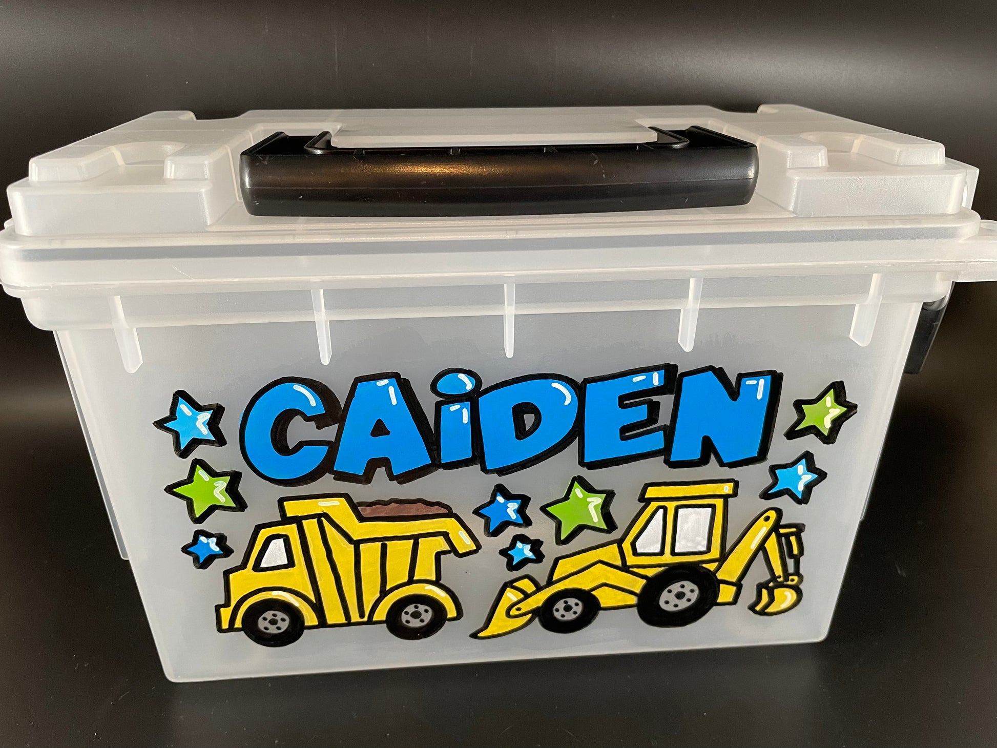 Small, hand-painted custom personalized carry case with handle - clear, front view, truck theme