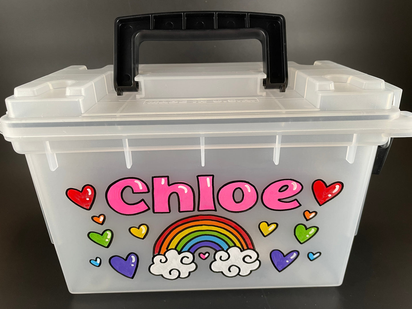 Small, hand-painted custom personalized carry case with handle - clear, front view, rainbow theme