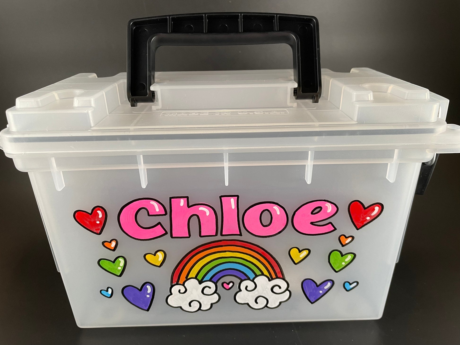 Small, hand-painted custom personalized carry case with handle - clear, front view, rainbow theme