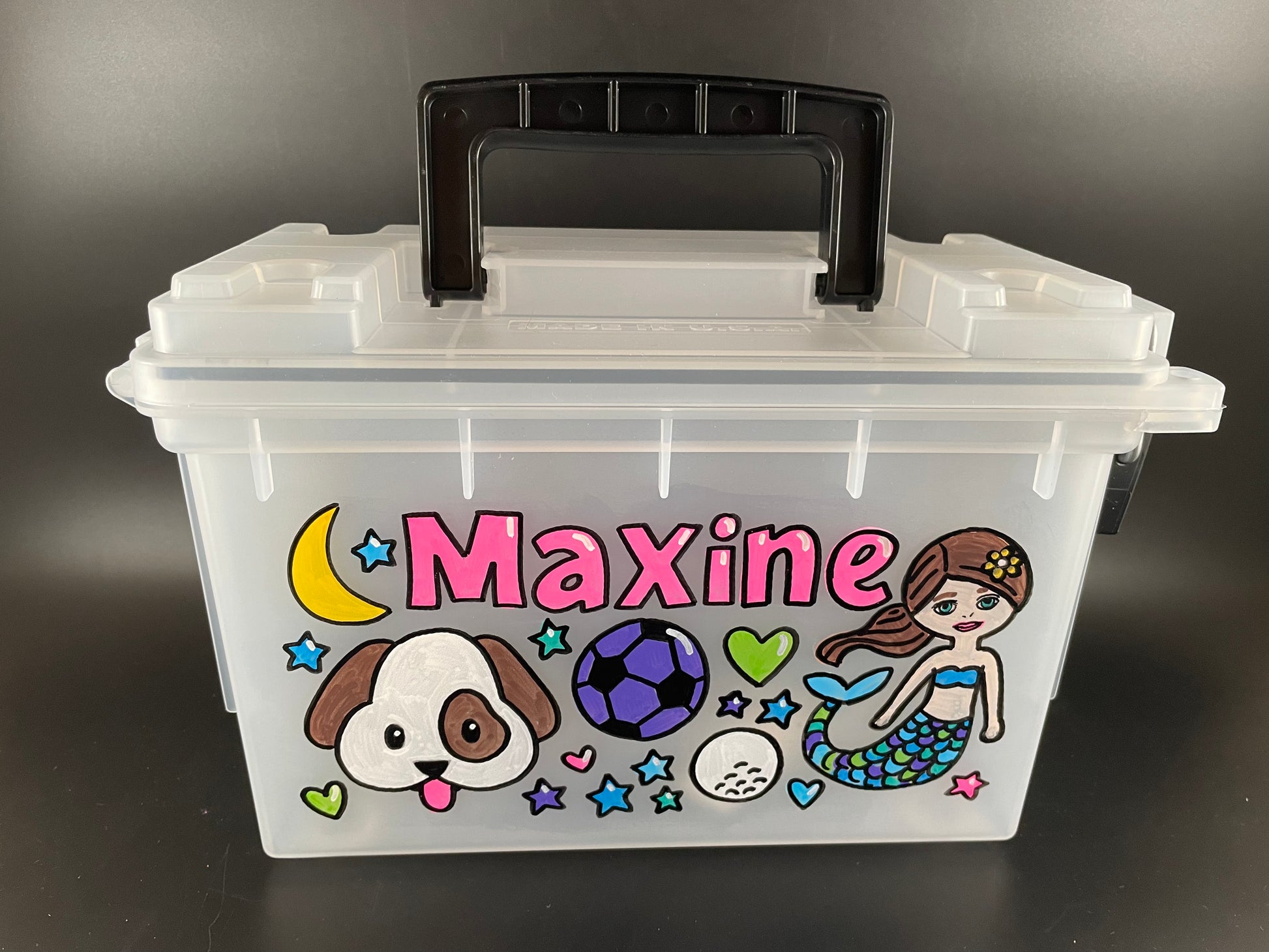 Small, hand-painted custom personalized carry case with handle - clear, front view, mermaid
