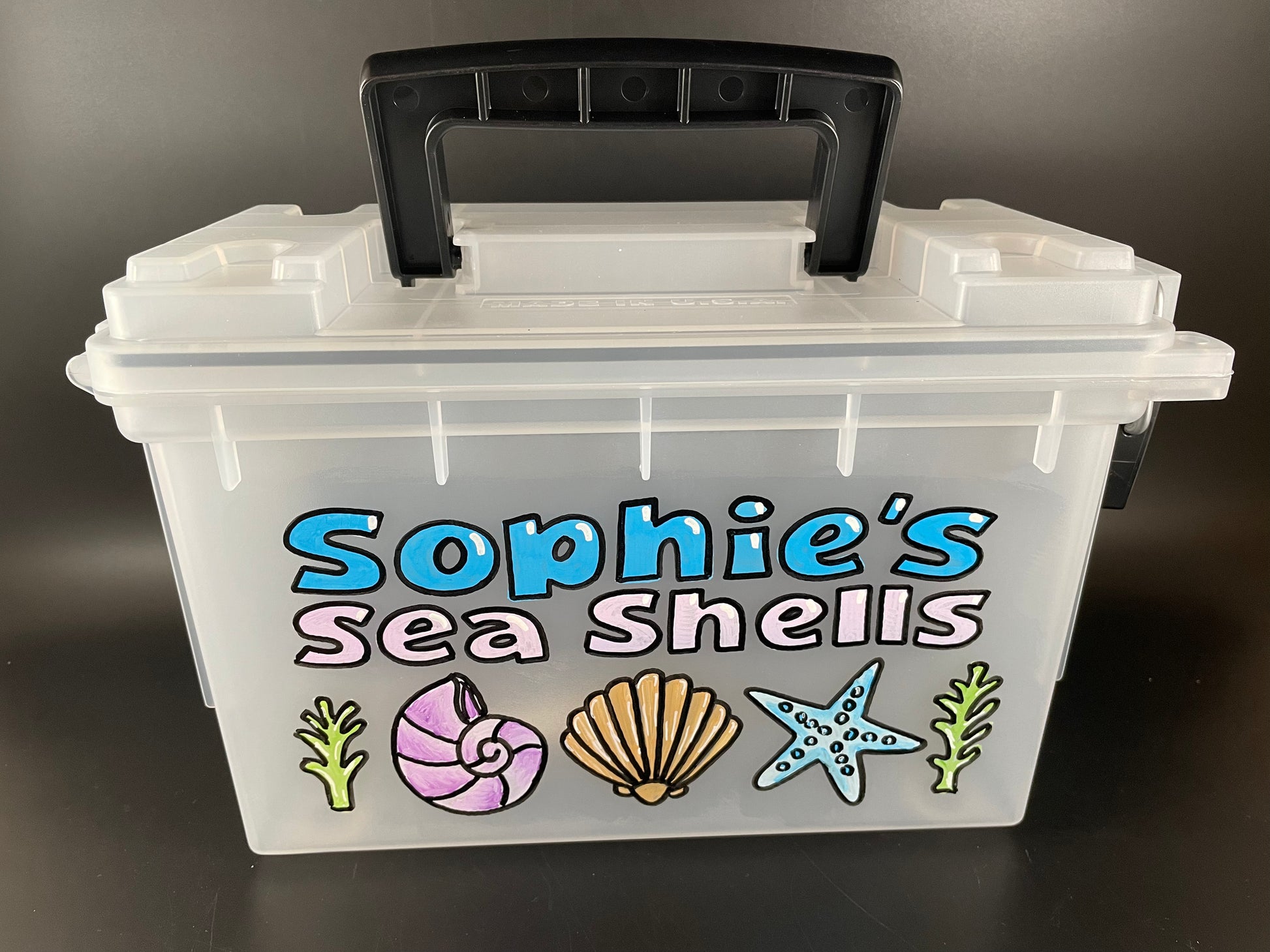 Small, hand-painted custom personalized carry case with handle - clear, front view, seashell collection bin