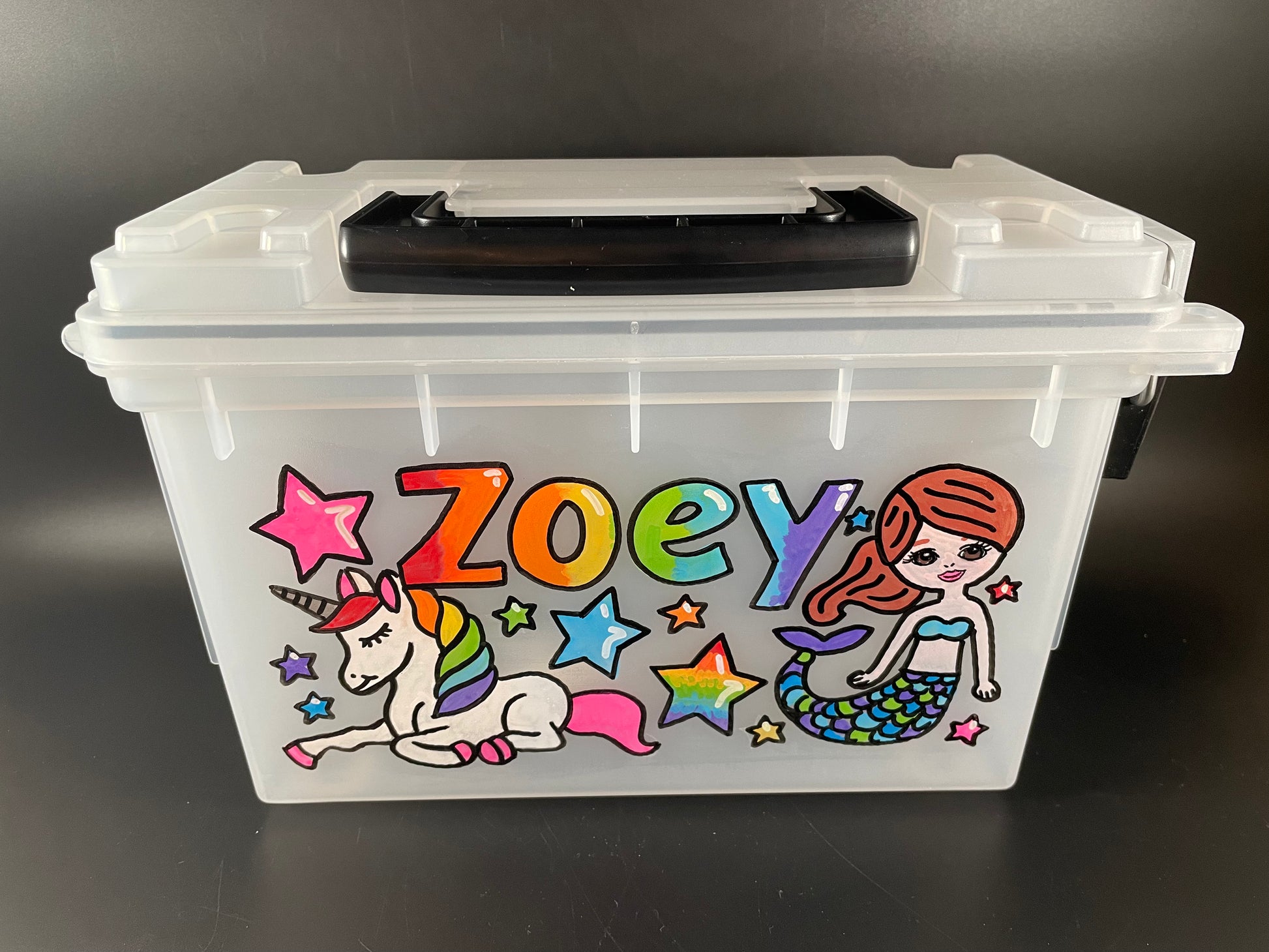Small, hand-painted custom personalized carry case with handle  clear, front view, mermaid