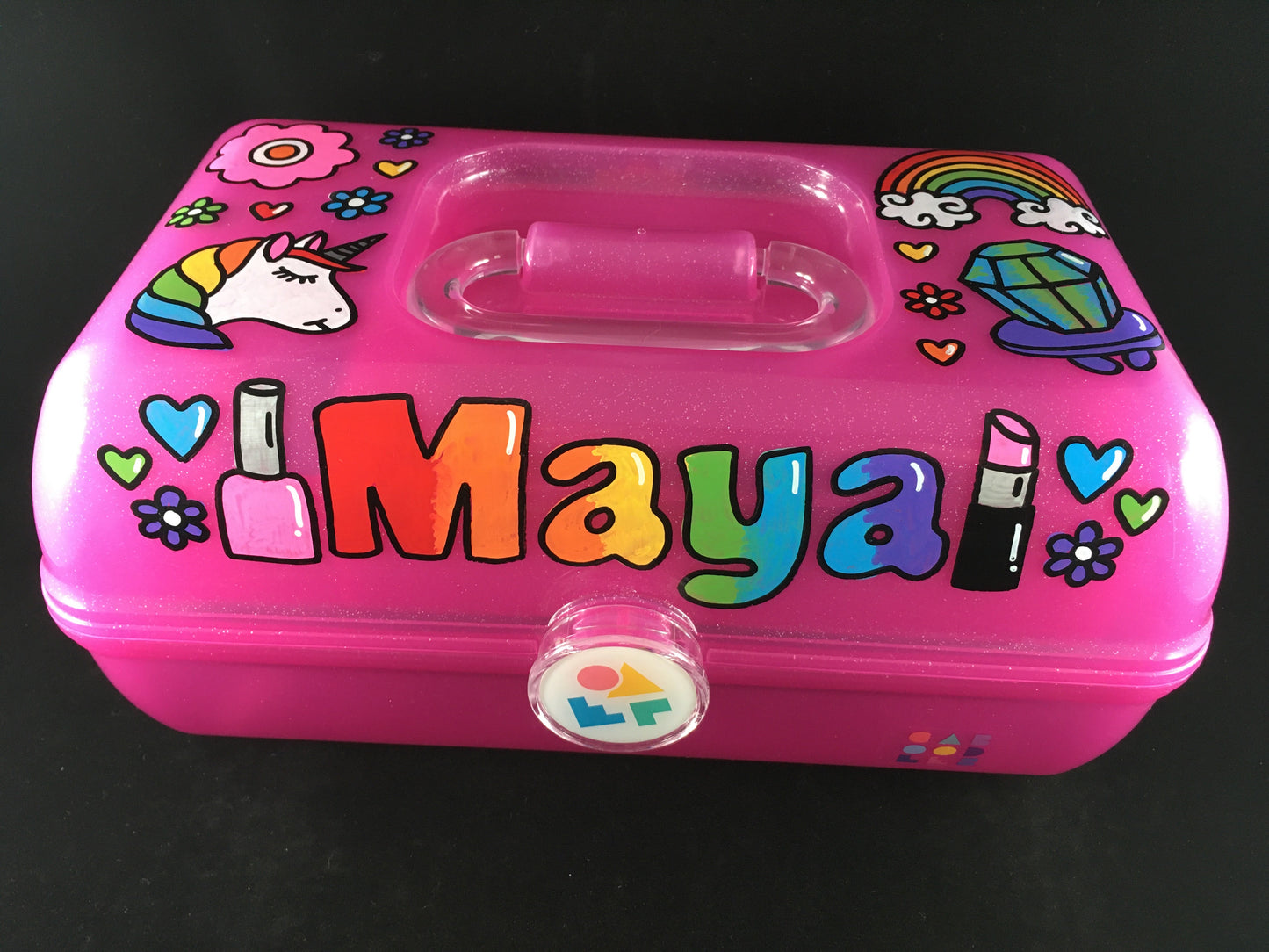 "Maya" hand-painted personalized caboodle pink sparkle - top and front view