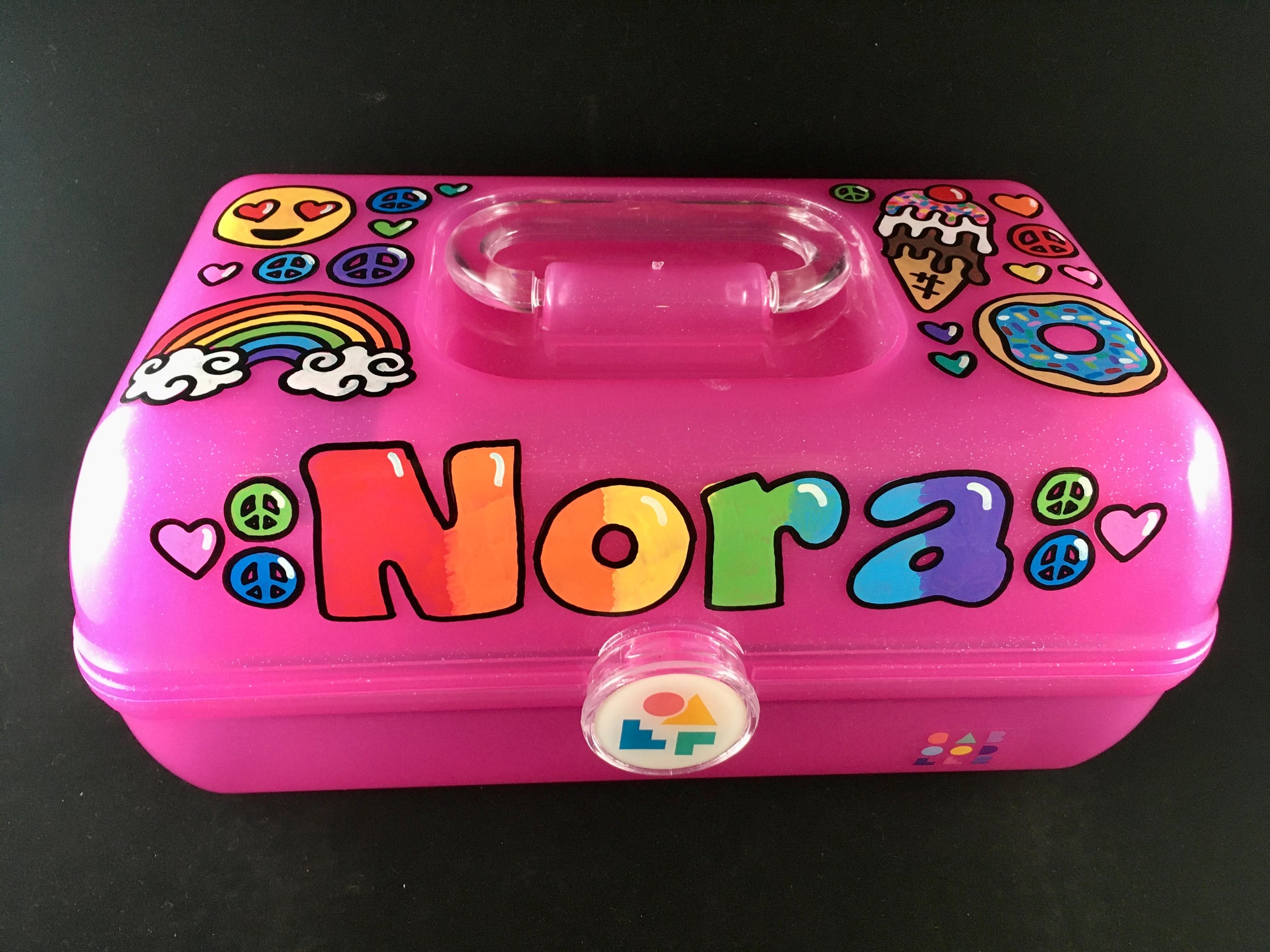 "Nora" Hand-painted personalized caboodle pink sparkle - front view