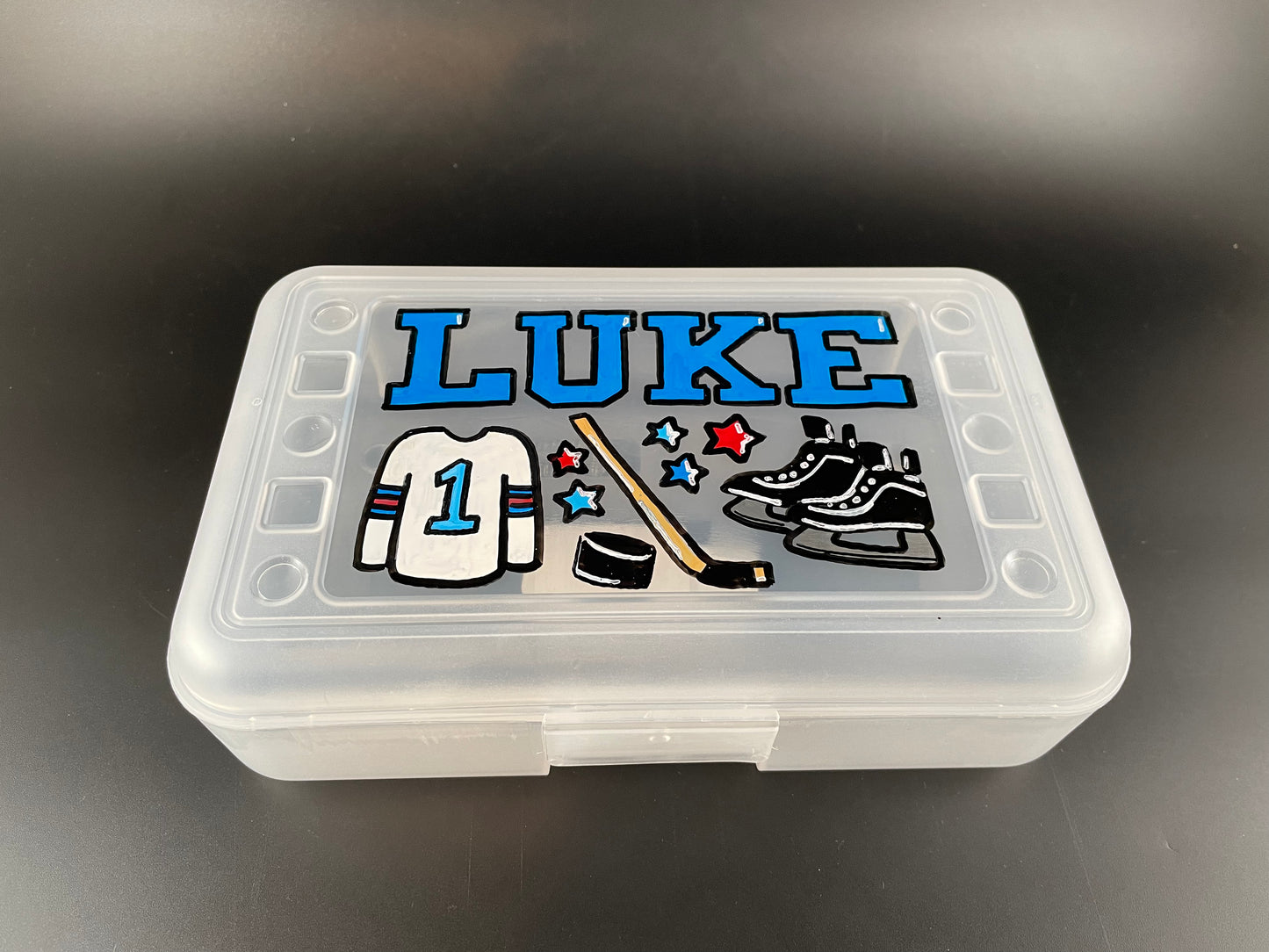 Personalized Hand Painted Custom Pencil Case - clear, hockey
