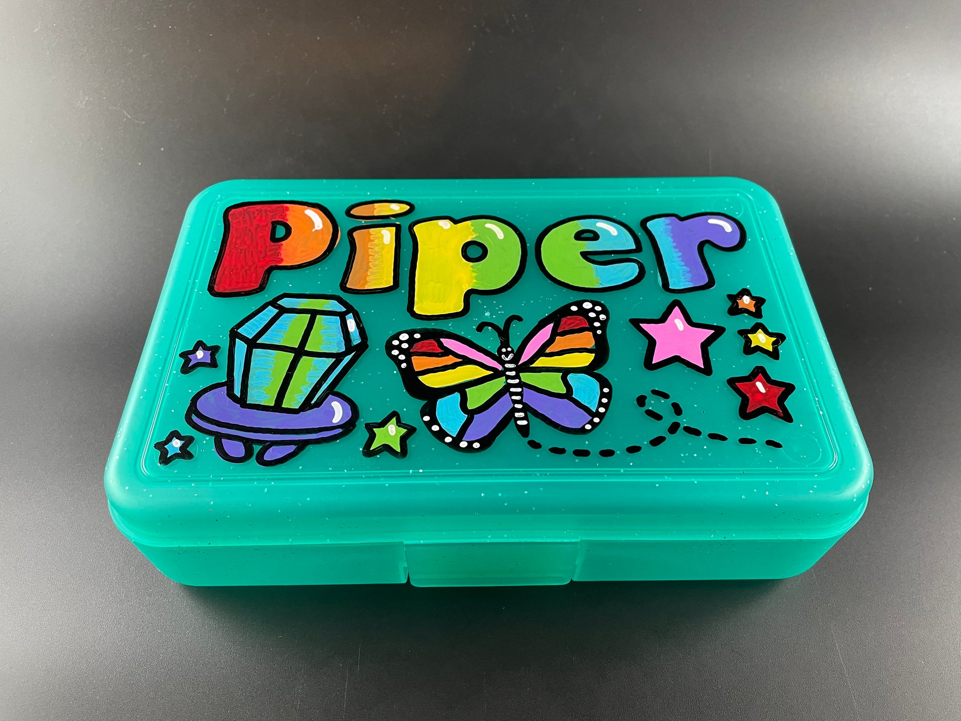 Personalized Hand Painted Custom Pencil Case - sparkle turquoise, butterfly